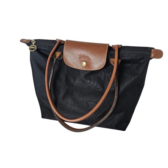 Handbags - Longchamp Black Le Pliage Tote Small‎ Nylon Brown Leather Details Snap France ~